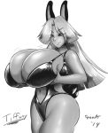  2014 animal_humanoid big_breasts big_butt bouncing_breasts breasts butt clothed clothing eye_through_hair eyebrow_through_hair eyebrows female greyscale hair hand_on_breast happy hi_res huge_breasts humanoid lagomorph lagomorph_humanoid leporid_humanoid long_hair mammal mammal_humanoid monochrome navel one-piece_swimsuit rabbit_humanoid simple_background smile solo speeds swimwear tiffany_(speeds) translucent translucent_hair white_background 