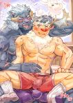  a_a_a303 abs anthro antlers blush bulge capreoline cervid clothing hi_res horn krampus_(housamo) legwear male male/male mammal muscular muscular_male nipples on_lap pecs reindeer sitting_on_lap socks tokyo_afterschool_summoners underwear video_games youl 