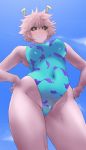  1girl armpits ashido_mina black_sclera blush boku_no_hero_academia breasts cloud covered_navel cowboy_shot day eyebrows eyebrows_visible_through_hair fingernails from_below hands_on_hips highleg highleg_swimsuit highres horns large_breasts looking_at_viewer minakami_(flyingman555) one-piece_swimsuit outdoors pink_hair pink_skin short_hair sky smile solo standing swimsuit thighs wet yellow_eyes 