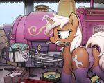  2019 5:4 absurd_res butt clothing cutie_mark dock equid eyelashes female feral hi_res horn legwear mammal mouth_hold my_little_pony selenophile silver_spanner_(mlp) solo train underwear unicorn vehicle 