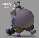  anthro belly big_belly clothed clothing dialogue english_text facial_markings fur grey_body grey_fur hand_on_stomach head_markings hi_res holidays hyenahyena male mammal markings mask_(marking) neckerchief obese obese_male open_mouth open_smile overweight overweight_male procyonid raccoon ringtail smile solo text thanksgiving topless walking 