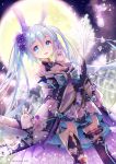  1girl animal_ears backlighting black_gloves blue_eyes blue_hair bunny bunny_ears floral_print flower full_moon gloves hair_between_eyes hair_flower hair_ornament hane_segawa hatsune_miku highres japanese_clothes long_hair mismatched_legwear moon night open_mouth thighhighs twintails vocaloid 