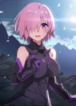  1girl :d arm_guards armored_leotard bangs bare_shoulders black_gloves black_leotard blue_sky blush breasts cloud commentary_request day eyebrows_visible_through_hair fate/grand_order fate_(series) gloves hair_over_one_eye large_breasts leotard mash_kyrielight mountain multicolored multicolored_clothes multicolored_gloves open_mouth outdoors pink_hair purple_eyes purple_gloves sky smile solo tsuedzu 