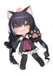  1girl animal_ear_fluff animal_ears bangs bare_shoulders black_gloves black_hair black_legwear black_sleeves blush cat_ears chibi detached_sleeves diamond-shaped_pupils dokomon eyebrows_visible_through_hair fang full_body garter_straps gloves green_eyes hair_between_eyes head_bump highres kyaru_(princess_connect) long_hair long_sleeves looking_at_viewer low_twintails open_mouth paw_gloves paws princess_connect! princess_connect!_re:dive purple_skirt ringlets shirt simple_background skirt sleeveless sleeveless_shirt solo symbol-shaped_pupils tears thighhighs twintails v-shaped_eyebrows very_long_hair white_background white_shirt wide_sleeves 