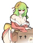  1girl bare_shoulders blush box breast_rest breasts cleavage collarbone come_hither commentary cowboy_shot crate crossed_arms flower green_hair hair_flower hair_ornament highres japanese_clothes kaliningradg kazami_yuuka kimono large_breasts leaning_forward looking_at_viewer naughty_face obi parted_lips red_eyes red_kimono ribbon sash see-through short_hair short_kimono short_yukata side_slit simple_background smile smirk solo sunflower thighs touhou white_background yellow_ribbon yukata 