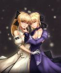  2girls absurdres ahoge artoria_pendragon_(all) bare_shoulders black_ribbon blonde_hair braid cowboy_shot detached_collar detached_sleeves fate/grand_order fate_(series) french_braid gloves green_eyes hair_ribbon hand_on_another&#039;s_chin highres juliet_sleeves long_sleeves looking_at_viewer multicolored_hair multiple_girls nayamer ponytail puffy_sleeves ribbon saber_alter saber_lily white_gloves wide_sleeves yellow_eyes 