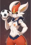  2019 5_fingers absurd_res anthro ball breasts cinderace digital_media_(artwork) evomanaphy female fingers hi_res holding_ball holding_object lagomorph looking_at_viewer mammal muscular muscular_female navel nintendo nipples pok&eacute;mon pok&eacute;mon_(species) signature simple_background smile soccer_ball solo standing video_games 