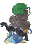  2019 anthro ape backsack balls digital_media_(artwork) erection female from_behind_position fur green_hair hair haplorhine hi_res inteleon male male/female mammal mounting muscular muscular_female muscular_male nintendo nude penetration penis pok&eacute;mon pok&eacute;mon_(species) primate pussy reptile rillaboom scalie sex simple_background smile tongue tongue_out trencalos tusks vaginal vaginal_penetration video_games white_background 