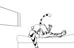  2019 all_fours anthro athletic bed comic cowgirl_position digital_media_(artwork) duo erection felid female furniture hi_res imminent_sex male male/female mammal monochrome nude on_bed on_top pantherine pawpads penis pussy scared sex startled stripes struggling tiger xaskai 