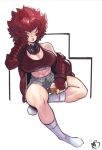  1girl alcohol big_hair borrowed_character bottle breasts cleavage closed_eyes commentary commission english_commentary eymbee fingerless_gloves full_body gloves headphones headphones_around_neck highres invisible_chair jacket large_breasts no_shoes off-shoulder_jacket original red_hair red_jacket shorts simetty sitting sleeping sleeping_upright socks solo sports_bra thick_eyebrows thighs 