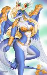  anthro armor blonde_hair blue_body breasts claws clothing diamondstorm dragon feathered_dragon feathered_wings feathers feet female hair hi_res horn konami looking_at_viewer purple_eyes saffira_queen_of_dragons scalie smile solo wings yu-gi-oh 