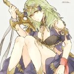  1girl banira_(ri0115ka) byleth_(fire_emblem) byleth_(fire_emblem)_(female) closed_mouth cosplay fire_emblem fire_emblem:_three_houses green_eyes green_hair grey_background holding holding_sword holding_weapon medium_hair simple_background solo sothis_(fire_emblem) sothis_(fire_emblem)_(cosplay) sword twitter_username weapon 