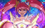  1girl ahoge bangs choker collarbone crossed_arms cure_star earrings feathers frown gunbuster_pose hair_ornament highres hoop_earrings hoshina_hikaru jewelry konboi-eg long_hair looking_at_viewer magical_girl open_mouth parody pink_choker pink_eyes pink_hair precure serious solo sparkle star star_choker star_twinkle_precure twintails upper_body v-shaped_eyebrows very_long_hair wind 