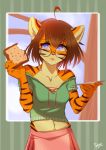  2019 absurd_res anthro blue_eyes bread breasts brown_hair clothing eating eyewear felid female food front_view glasses hair hi_res mammal navel orange_body pantherine shirt solo stripes synnfultiger tiger toast topwear 