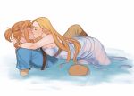  2019 blonde_hair breasts breath_of_the_wild duo eyes_closed female hair hi_res humanoid humanoid_pointy_ears hylian kissing kukumomo link long_hair male mammal nintendo not_furry partially_submerged princess_zelda simple_background the_legend_of_zelda video_games water 