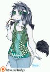  blouse bottomwear clothed clothing cub cute_fangs dragon eating female fluffy fluffy_tail food freckles fully_clothed fur furred_dragon headphones hi_res hybrid long_tail looking_at_viewer malachyte mammal mustela mustelid musteline pants pocky solo vont_min young 