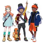  1girl 2boys baseball_cap black_headwear black_legwear blue_coat blue_jacket boots charmander coat dande_(pokemon) dark_skin dark_skinned_male directional_arrow english_text full_body gen_1_pokemon green_eyes green_legwear hair_ornament hairlocs hand_on_hip hands_in_pockets hat headband heart heart_hair_ornament jacket jacket_on_shoulders kabo_(friedpotat) kibana_(pokemon) legwear_under_shorts long_sleeves low_twintails multiple_boys orange_hair pantyhose pointing pointing_up pokemon pokemon_(creature) pokemon_(game) pokemon_swsh purple_hair raglan_sleeves red_jacket shorts simple_background socks sonia_(pokemon) twintails twitter_username white_background yellow_eyes younger 