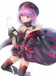  1girl bangs bare_shoulders belt black_coat black_dress black_headwear black_legwear blush book breasts coat detached_collar dress fate/grand_order fate_(series) fur-trimmed_coat fur_trim helena_blavatsky_(fate/grand_order) holding holding_book long_sleeves looking_at_viewer open_clothes open_coat purple_eyes purple_hair short_dress short_hair simple_background small_breasts smile solo sumisu_(mondo) thighhighs thighs white_background 