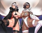  2girls alternate_costume badcompzero bikini black_bra black_choker black_hair black_headband black_legwear blush bra breasts choker cleavage dark_skin grey_eyes headband highleg highleg_leotard highres jewelry large_breasts leotard micro_bikini micro_bra mole mole_under_mouth multiple_girls nier_(series) nier_automata parted_lips partially_visible_vulva polar_opposites short_hair silver_bra spread_legs swimsuit symmetry tattoo thighhighs thighs underwear white_choker white_hair white_headband white_legwear yellow_eyes yorha_no._2_type_b yorha_no._2_type_p 