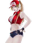  1girl baseball_cap blonde_hair blue_eyes breasts denim denim_shorts fatal_fury fingerless_gloves genderswap genderswap_(mtf) gloves hat highres long_hair navel panties ponytail shorts simple_background snk snk_heroines:_tag_team_frenzy solo tank_top terry_bogard the_king_of_fighters underwear user_sxsx2477 vest white_background 