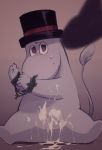 2019 anthro blush bodily_fluids bound clothing cum cum_on_ground cum_on_stomach disembodied_penis duo genital_fluids hat headgear headwear hi_res humanoid_hands imotaco male moomin moominpappa penis sitting solo_focus the_moomins 