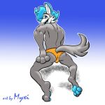  1:1 anthro artist_myxi beans bulge canid canine clothed clothing digital_media_(artwork) girly hi_res looking_at_viewer male mammal muscular muscular_male myxi myxi_artist panties solo toes tongue topless underwear 