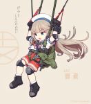  1girl adapted_costume black_footwear black_gloves blue_sailor_collar boots brown_background character_name commentary_request cross-laced_footwear dated gloves green_eyes grey_hair gun harness hat kantai_collection knee_pads lace-up_boots long_hair low_twintails mikura_(kantai_collection) mouth nakaaki_masashi open_mouth puffy_short_sleeves puffy_sleeves red_shorts sailor_collar sailor_hat sailor_shirt shirt short_sleeves shorts solo submachine_gun translation_request twintails twitter_username two-tone_background undershirt weapon weapon_request white_headwear white_shirt 