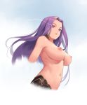  1girl bigrbear breasts fate/stay_night fate_(series) glowing glowing_eye gorgon_(fate) highres large_breasts long_hair looking_at_viewer navel nipples purple_eyes purple_hair rider solo topless upper_body 