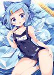  1girl alternate_hairstyle bare_arms bare_legs bare_shoulders blue_bow blue_swimsuit blue_wings blush bow cirno collarbone colored_eyelashes commentary_request covered_navel hair_bow hair_ornament hairpin hand_on_hip hand_up highres ice ice_wings looking_at_viewer lying maturiuta_sorato name_tag old_school_swimsuit one-piece_swimsuit open_mouth school_swimsuit short_hair solo stomach_day swimsuit swimsuit_pull touhou water wet wings 
