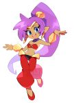  2019 absurd_res blue_eyes breasts clothing ear_piercing ear_ring female footwear genie hair hi_res humanoid humanoid_pointy_ears long_hair navel not_furry open_mouth open_smile piercing ponytail purple_hair shantae shantae_(series) simple_background smaiart smile solo video_games wayforward 