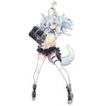  1girl alternate_costume animal_ear_fluff animal_ears arms_up bag bangs beige_vest black_skirt blue_eyes blue_hair blush boots bow bowtie breasts cardigan_vest collared_shirt fox_ears fox_tail girls_frontline grin gun hair_between_eyes hair_ornament handgun heart heart-shaped_pupils holding holding_bag holster looking_at_viewer mab_pa-15 official_art pa-15_(girls_frontline) pistol plaid plaid_skirt school_bag school_uniform shanyao_jiang_tororo shirt sidelocks skindentation skirt small_breasts smile snap-fit_buckle solo standing symbol-shaped_pupils tail thigh_holster thighhighs transparent_background twintails untucked_shirt vest weapon white_legwear white_shirt yellow_vest 