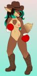  2019 anthro areola audlin boots boxing boxing_gloves brown_body brown_eyes brown_fur brown_hair brown_nose canid canine canis chest_tuft clothing collarbone cowboy_boots cowboy_hat coyote female footwear fur green_hair hair half-closed_eyes handwear hat headgear headwear hi_res jansither mammal multicolored_hair narrowed_eyes navel nipples pink_areola pink_nipples pink_pussy pussy simple_background smile solo sport tuft two_tone_hair 