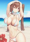  1girl absurdres armpits azur_lane bangs beach bikini blush box_(appera39) breasts brown_hair choker cleavage commentary_request covered_nipples hair_between_eyes head_tilt highres large_breasts long_hair looking_away navel open_mouth outdoors red_eyes sagging_breasts sidelocks solo swiftsure_(azur_lane) swimsuit thighhighs twintails very_long_hair white_bikini 