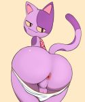  2019 animal_crossing anthro anus backsack balls big_butt bob_(animal_crossing) butt butt_focus clothing dipstick_tail domestic_cat felid feline felis fur hi_res looking_back male mammal multicolored_tail nintendo perineum presenting purple_body purple_fur pururing simple_background solo underwear video_games 