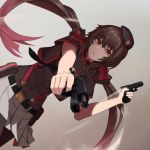  1girl bangs beret black_hair black_headwear casing_ejection cero_(last2stage) dual_wielding eyebrows_visible_through_hair finger_on_trigger girls_frontline glock_17 glock_17_(girls_frontline) gradient_hair gun handgun hat holding holding_gun holding_weapon long_hair looking_at_viewer low_twintails miniskirt multicolored_hair pink_eyes pink_hair pistol pleated_skirt shell_casing skirt smoke smoking_gun solo twintails two-tone_hair weapon white_skirt 