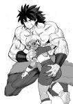  1boy 1girl ass blush broly_(dragon_ball_super) cheelai chest_scar dragon_ball dragon_ball_super_broly embarrassed gloves greyscale highres looking_back monochrome muscle open_mouth pelt scar scouter serious shirtless short_hair shorts sketch spiked_hair synecdoche 