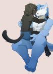  4_fingers 4_toes anthro anthro_on_anthro black_body black_fur blue_body blue_eyes blue_fur blue_hair canid canine canis domestic_cat felid feline felis fingers fur hair lunarez male male/male mammal orange_eyes simple_background toes white_background wolf 