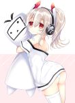  1girl ass ayanami_(azur_lane) ayanami_(niconico)_(azur_lane) azur_lane bangs bare_shoulders blush brown_hair closed_mouth commentary_request eyebrows_visible_through_hair hair_between_eyes headgear headphones high_ponytail long_hair looking_at_viewer looking_to_the_side object_hug off-shoulder_shirt off_shoulder panties ponytail red_eyes shikito shirt short_sleeves single_thighhigh solo thighhighs underwear white_legwear white_panties white_shirt 