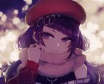  1girl backlighting bangs beret blurry blurry_background closed_mouth diagonal_bangs ear_piercing enpera eyelashes eyeshadow fur_scarf hand_up hat idolmaster idolmaster_shiny_colors jewelry long_hair long_sleeves looking_at_viewer makeup minyom piercing pink_lips purple_eyes purple_hair red_headwear ring scarf signature smile solo tanaka_mamimi upper_body white_scarf 