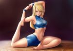  1girl alternate_hairstyle artist_name barefoot bike_shorts blonde_hair blue_eyes blue_shorts blue_wristband breasts dark_background feet finalcake flexible gymnastics hair_down hands_together leg_up lips looking_down metroid mole mole_under_mouth samus_aran shorts solo stretch tank_top turtleneck wristband yoga 