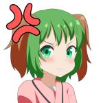  1girl :t anger_vein animal_ears blush cato_(monocatienus) commentary_request furrowed_eyebrows green_eyes green_hair kasodani_kyouko looking_at_viewer pink_shirt pout pouty_lips shirt shirt_under_shirt short_hair simple_background solo touhou upper_body white_background 