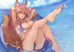  animal_ears barefoot bikini fate/grand_order fate_(series) long_hair pink_hair swimsuit tail tamamo_no_mae_(fate) water yellow_eyes yok01 