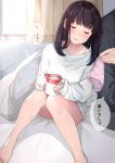  1boy 1girl bare_legs barefoot bed_sheet black_hair blanket blush closed_eyes coffee_mug cup curtains day dress feet_out_of_frame holding holding_cup holding_panties indoors knees_up lens_flare long_hair long_sleeves mug on_bed original panties panties_removed parted_lips pink_panties sakuranotomoruhie sitting sleeves_past_wrists smile solo_focus speech_bubble steam sweater sweater_dress translation_request underwear white_dress white_sweater 