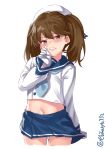  1girl ass_visible_through_thighs bangs blue_neckwear blue_ribbon blue_sailor_collar blue_skirt blush breasts brown_eyes brown_hair buttons cosplay cowboy_shot ebifurya etorofu_(kantai_collection) etorofu_(kantai_collection)_(cosplay) gloves hair_between_eyes hat highres kantai_collection long_sleeves looking_at_viewer microskirt midriff navel nose_blush open_mouth panties pleated_skirt ribbon ryuujou_(kantai_collection) sailor_collar sailor_hat school_uniform serafuku skirt skirt_pull small_breasts solo twintails undersized_clothes underwear wavy_mouth white_gloves white_headwear white_panties 