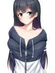  1girl agano_(kantai_collection) arms_behind_back black_hair blush breasts closed_mouth collarbone eyebrows_visible_through_hair green_eyes hair_between_eyes highres hood hoodie kantai_collection large_breasts long_hair looking_at_viewer naked_hoodie ruin_re_birth simple_background smile zipper 