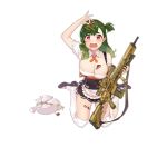  1girl alternate_costume arm_up assault_rifle bangs bare_shoulders black_footwear blush breasts broken_plate cleavage collar collarbone dress eyebrows_visible_through_hair food food_on_body food_on_breasts food_on_head full_body g28_(girls_frontline) girls_frontline green_hair gun h&amp;k_g28 hair_ornament holding holding_food holding_gun holding_weapon jewelry large_breasts long_hair looking_up meat mole mole_on_breast object_on_head official_art one_side_up open_mouth plate red_eyes rifle scope shoes short_sleeves sitting solo teats thick_eyebrows thighhighs transparent_background ushi_(newrein) weapon white_legwear 