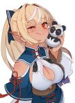  1girl animal_costume animal_ears bangs bare_shoulders blonde_hair blush bow breasts chinese_clothes cleavage closed_mouth creature dark_skin elf eyebrows_visible_through_hair hair_bow hair_ornament holding hololive izumi_sai kintsuba_(flare_channel) long_hair medium_breasts one_eye_closed orange_eyes panda_costume panda_ears pointy_ears ponytail shiranui_flare shoulder_cutout smile upper_body virtual_youtuber white_background 