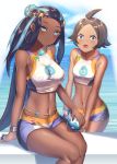  2girls absurdres armlet beach belly_chain dark_skin earrings eyeshadow gloves gym_leader gym_trainer_(pokemon) hair_bun highres holding holding_poke_ball hoop_earrings jewelry looking_at_viewer makeup multicolored_hair multiple_girls ocean open_mouth partly_fingerless_gloves poke_ball pokemon pokemon_(game) pokemon_swsh rurina_(pokemon) single_glove sportswear two-tone_hair unizou 