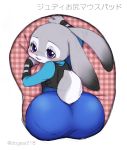  anthro blush butt clothed clothing dipstick_ears disney dogear218 fully_clothed fur grey_body grey_fur head_tuft japanese_text judy_hopps lagomorph leporid looking_at_viewer looking_back mammal mousepad multicolored_ears open_mouth open_smile police_uniform purple_eyes rabbit scut_tail smile solo text tuft uniform zootopia 
