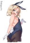  1girl alternate_costume animal_ears aqua_eyes bangs bare_shoulders blonde_hair blue_leotard breasts bunny_ears bunny_girl bunny_tail bunnysuit ebifurya eyebrows_visible_through_hair fake_animal_ears from_behind gloves highres janus_(kantai_collection) kantai_collection leotard open_mouth pantyhose parted_bangs sideboob small_breasts solo standing strapless strapless_leotard tail twitter_username white_background white_gloves wrist_cuffs 